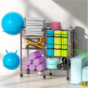 MAWEW Yoga Mat Storage Rack, Home Gym Storage Rack, Yoga Mat Holder, For Yoga Mat Foam Roller Kettlebells Dumbbells Yoga Ball and More Gym Accessories Storage, With Exercise Ball Storage rack