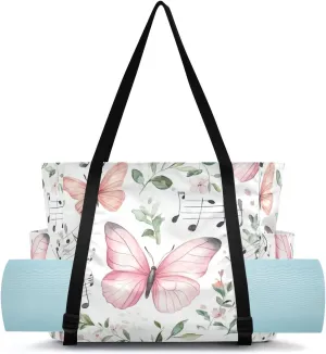 MCHIVER Butterfly Note Green Leaf Black Yoga Bags for Women Pilates Bag with Adjustable Space for Yoga Mat Carrier for Gym Workout Travel Office