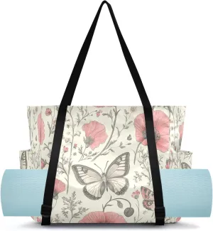 MCHIVER Butterfly Red Flower White Black Yoga Bags for Women Pilates Bag with Adjustable Space for Yoga Mat Carrier for Gym Workout Travel Office