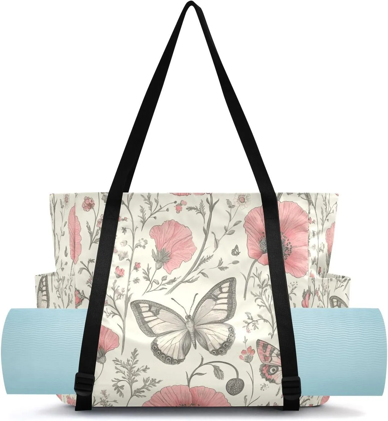 MCHIVER Butterfly Red Flower White Black Yoga Bags for Women Pilates Bag with Adjustable Space for Yoga Mat Carrier for Gym Workout Travel Office