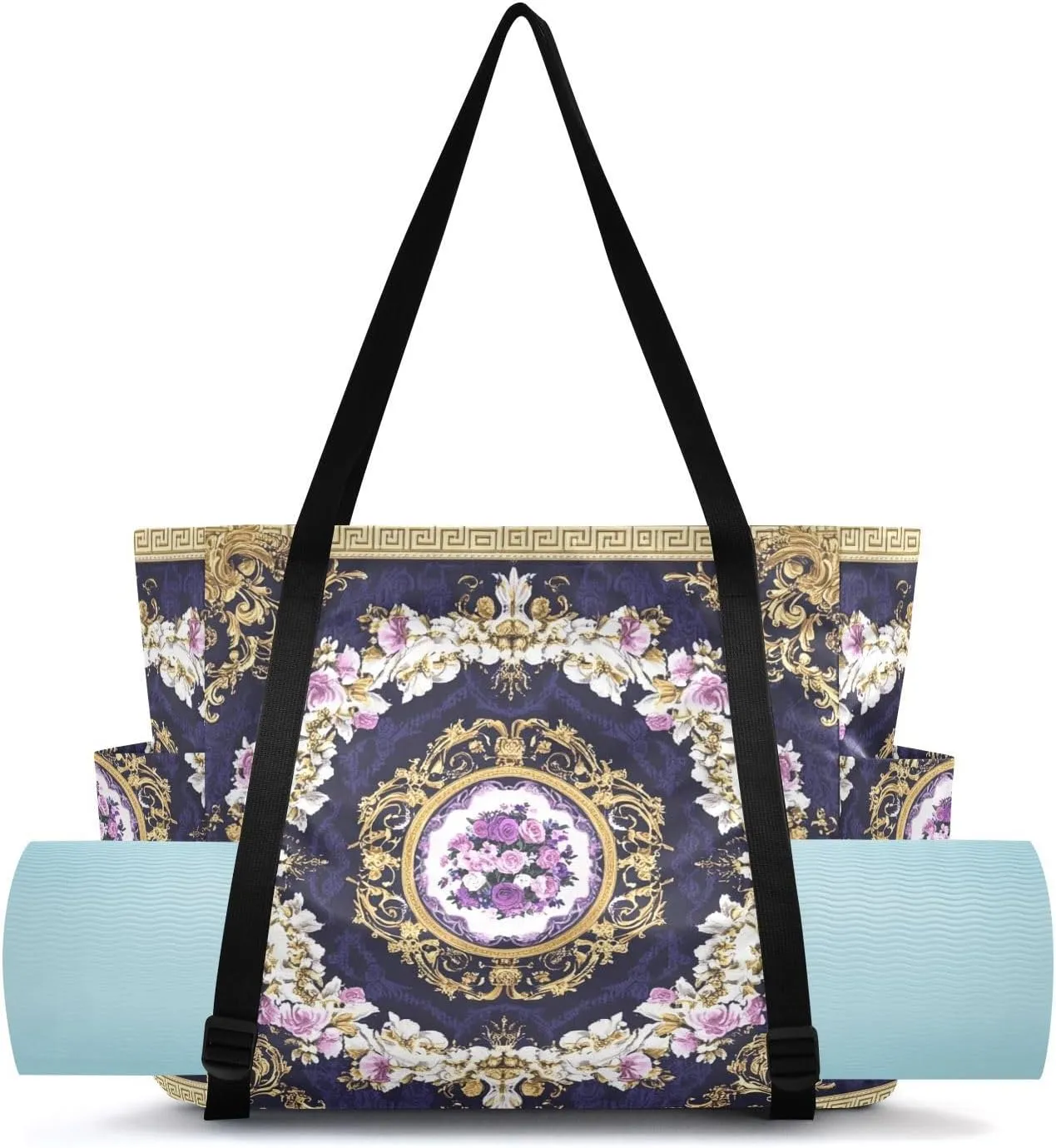 MCHIVER Flowers Mandala Purple Black Yoga Bags for Women Pilates Bag with Adjustable Space for Yoga Mat Carrier for Park Workout Travel Gym Office