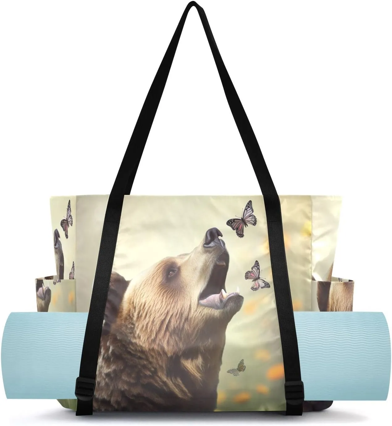MCHIVER Grizzly Bear Butterflies Yoga Bag for Women Men Large Yoga Mat Bag with Adjustable Strap Gym Bags Tote for Workout Exercise Pilates