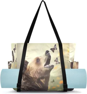 MCHIVER Grizzly Bear Butterflies Yoga Bag for Women Men Large Yoga Mat Bag with Adjustable Strap Gym Bags Tote for Workout Exercise Pilates