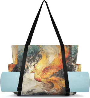 MCHIVER Phoenix White Painting Black Yoga Bags for Women Pilates Bag with Adjustable Space for Yoga Mat Carrier for Park Travel Workout Gym Office