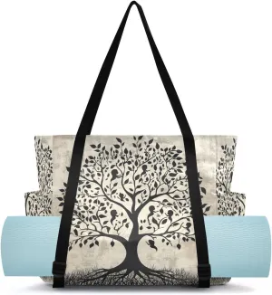 MCHIVER Tree Black Ground Black Yoga Bags for Women Pilates Bag with Adjustable Space for Yoga Mat Carrier for Travel Workout Gym Office Park