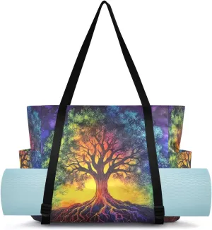 MCHIVER Tree Roots Colorful Black Yoga Bags for Women Pilates Bag with Adjustable Space for Yoga Mat Carrier for Beach Gym Workout Travel Office