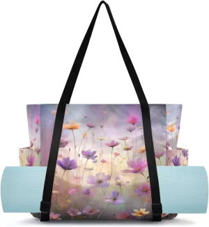 MCHIVER Watercolor Purple Flowers Black Yoga Bags for Women Pilates Bag with Adjustable Space for Yoga Mat Carrier for Office Gym Workout Travel