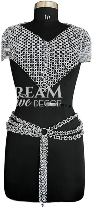 Medieval Chainmail Costume Set, Viking Style Top and Belt, Silver Metal Armor for Renaissance Faire, Belly Dance, Cosplay