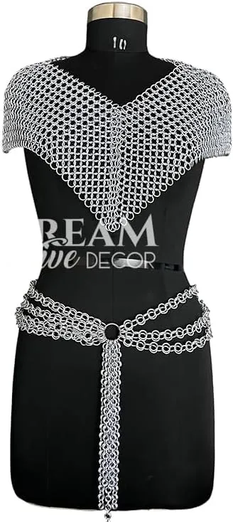 Medieval Chainmail Costume Set, Viking Style Top and Belt, Silver Metal Armor for Renaissance Faire, Belly Dance, Cosplay