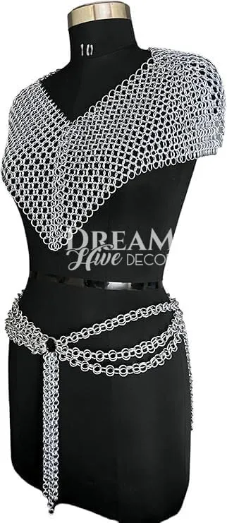 Medieval Chainmail Costume Set, Viking Style Top and Belt, Silver Metal Armor for Renaissance Faire, Belly Dance, Cosplay