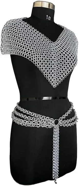 Medieval Chainmail Costume Set, Viking Style Top and Belt, Silver Metal Armor for Renaissance Faire, Belly Dance, Cosplay