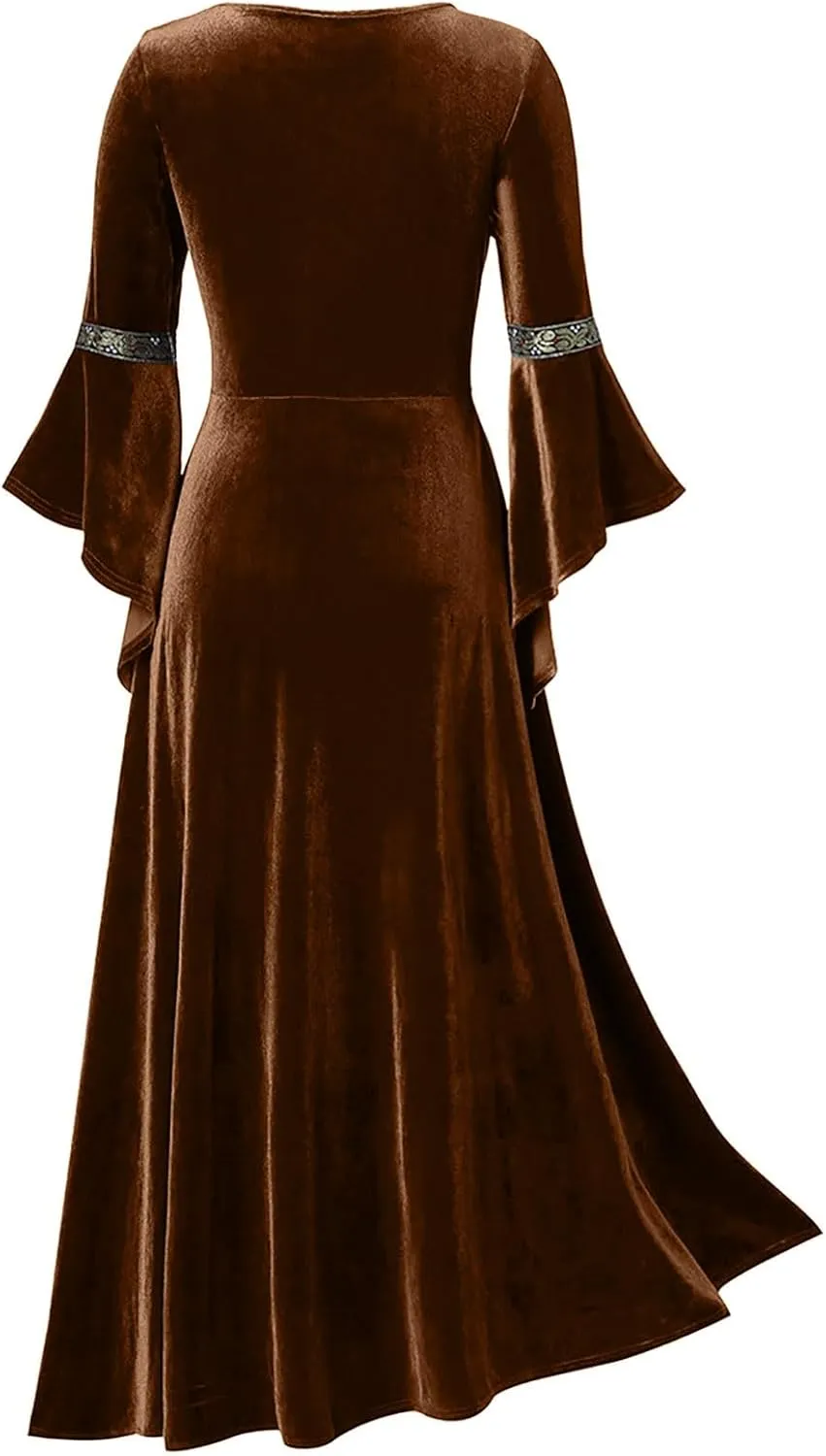 Medieval Costume Women Renaissance Dress Retro Velvet Trumpet Sleeve Corset Dress Irish Gown Long Dress for Halloween