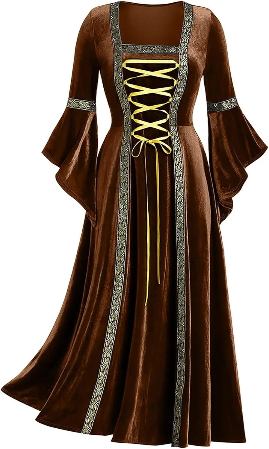 Medieval Costume Women Renaissance Dress Retro Velvet Trumpet Sleeve Corset Dress Irish Gown Long Dress for Halloween
