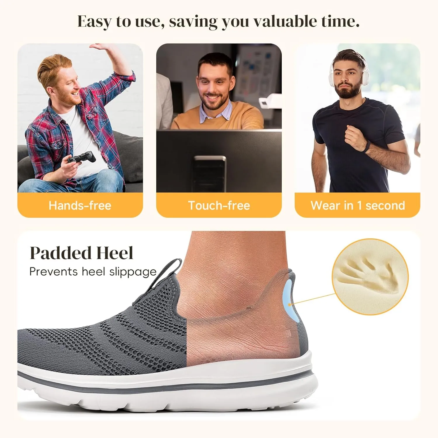 Men's Hands-Free Slip On Sneakers | Laceless Walking Shoes for Gym/Travel/Office