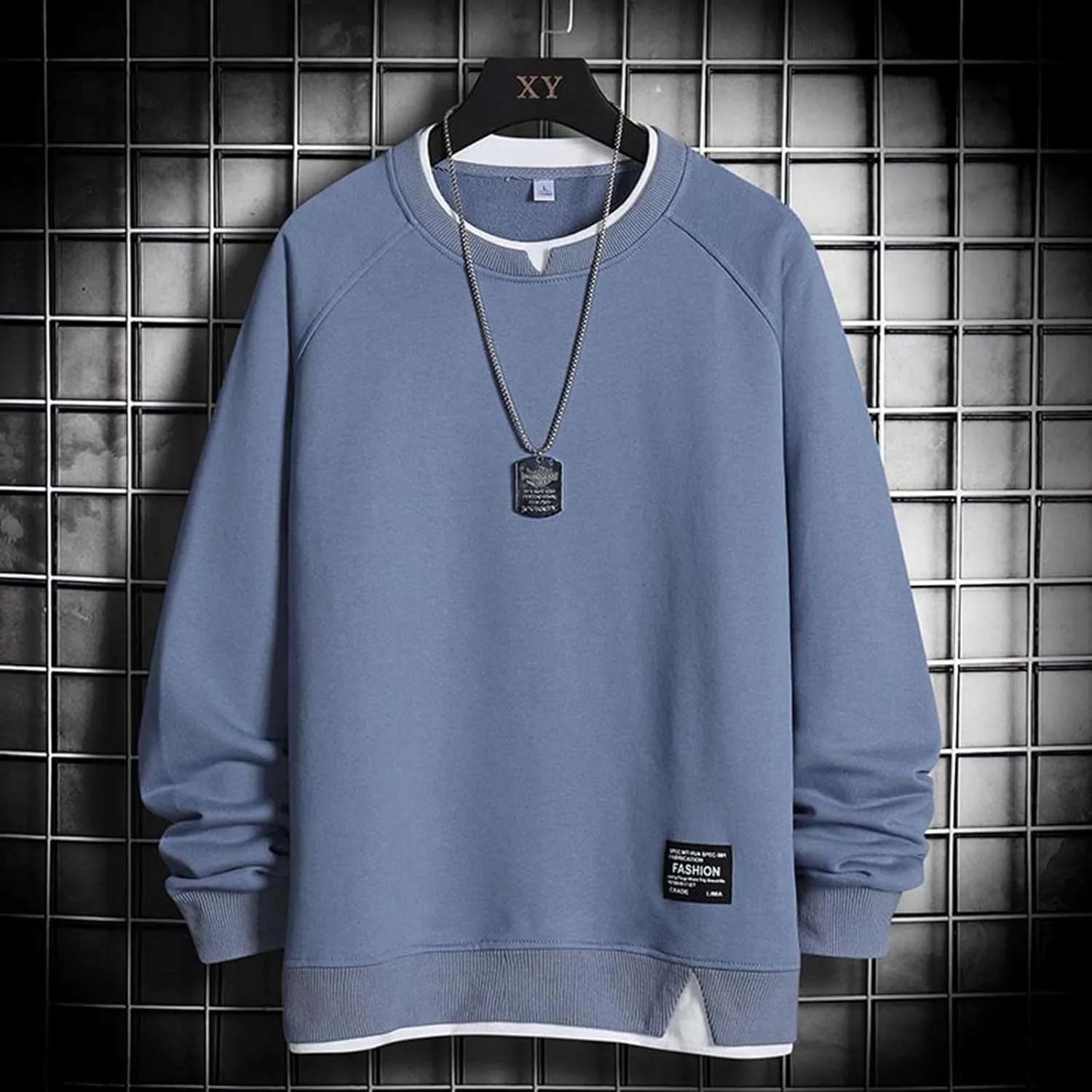 Men's Sweatshirt Raglan Sleeve Fake Two Piece Crewneck Long Sleeve Pullover Tops Fashion Lightweight Comfy Streetwear