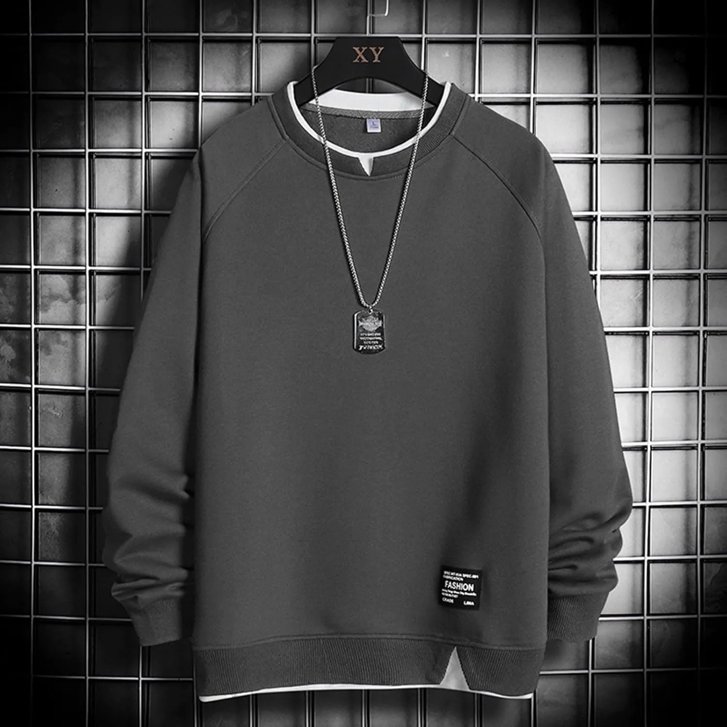 Men's Sweatshirt Raglan Sleeve Fake Two Piece Crewneck Long Sleeve Pullover Tops Fashion Lightweight Comfy Streetwear