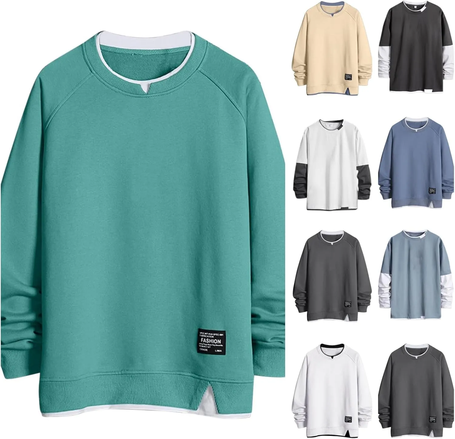Men's Sweatshirt Raglan Sleeve Fake Two Piece Crewneck Long Sleeve Pullover Tops Fashion Lightweight Comfy Streetwear