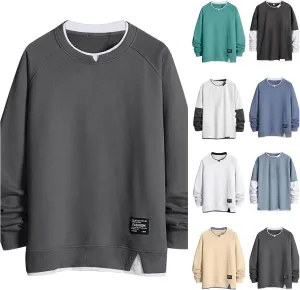 Men's Sweatshirt Raglan Sleeve Fake Two Piece Crewneck Long Sleeve Pullover Tops Fashion Lightweight Comfy Streetwear
