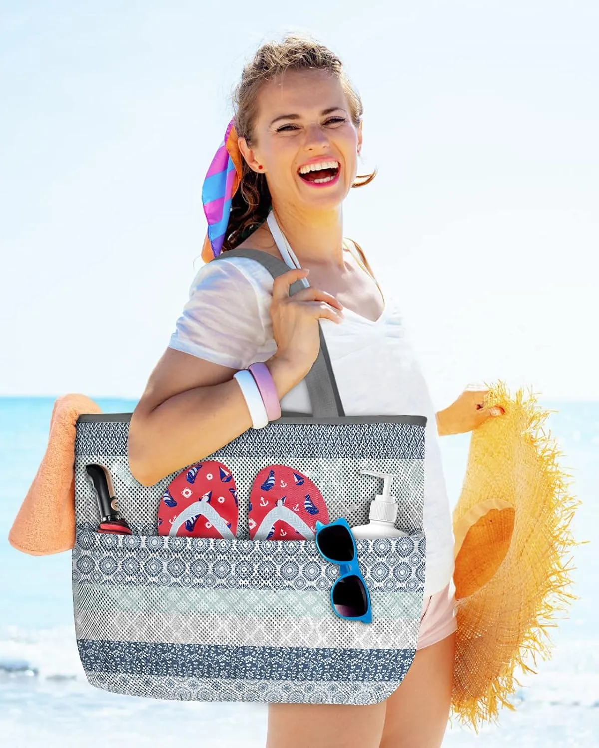 Mesh Beach Bag Oversized Tote Bags for Women Blue Gray Boho Aesthetic Stripes Large Bags for Travel Pool Grocery