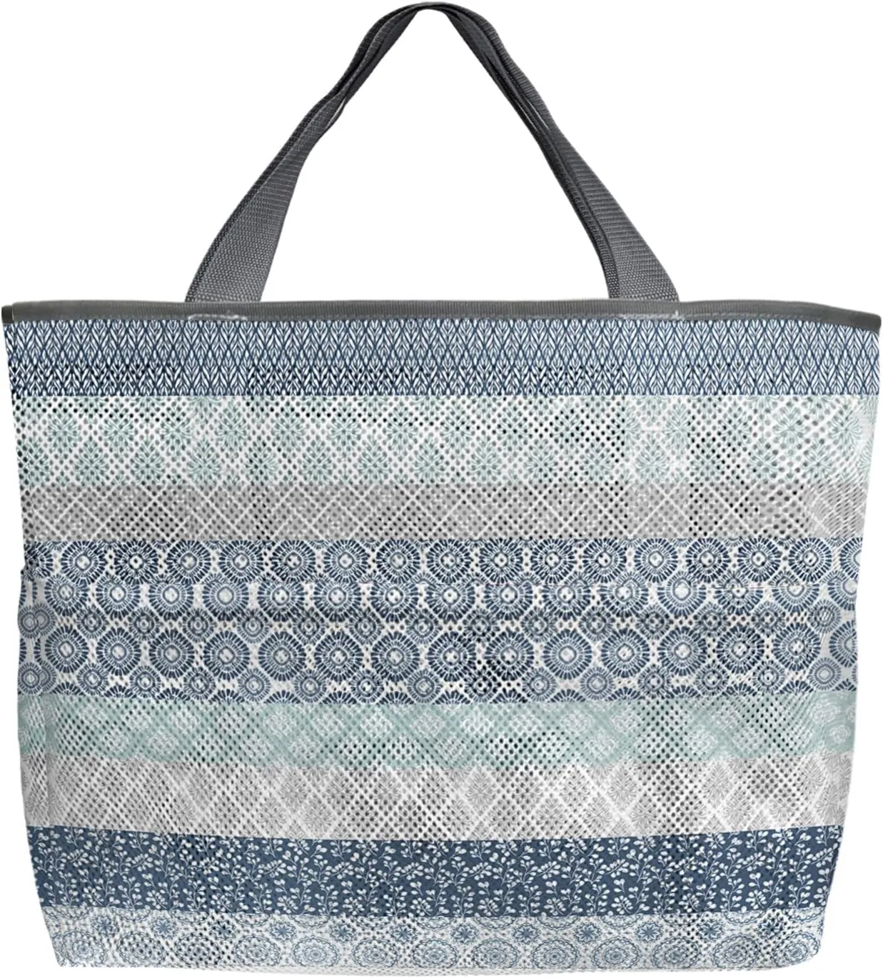 Mesh Beach Bag Oversized Tote Bags for Women Blue Gray Boho Aesthetic Stripes Large Bags for Travel Pool Grocery