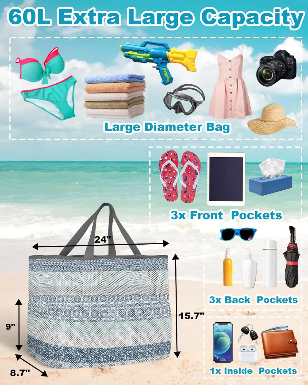 Mesh Beach Bag Oversized Tote Bags for Women Blue Gray Boho Aesthetic Stripes Large Bags for Travel Pool Grocery