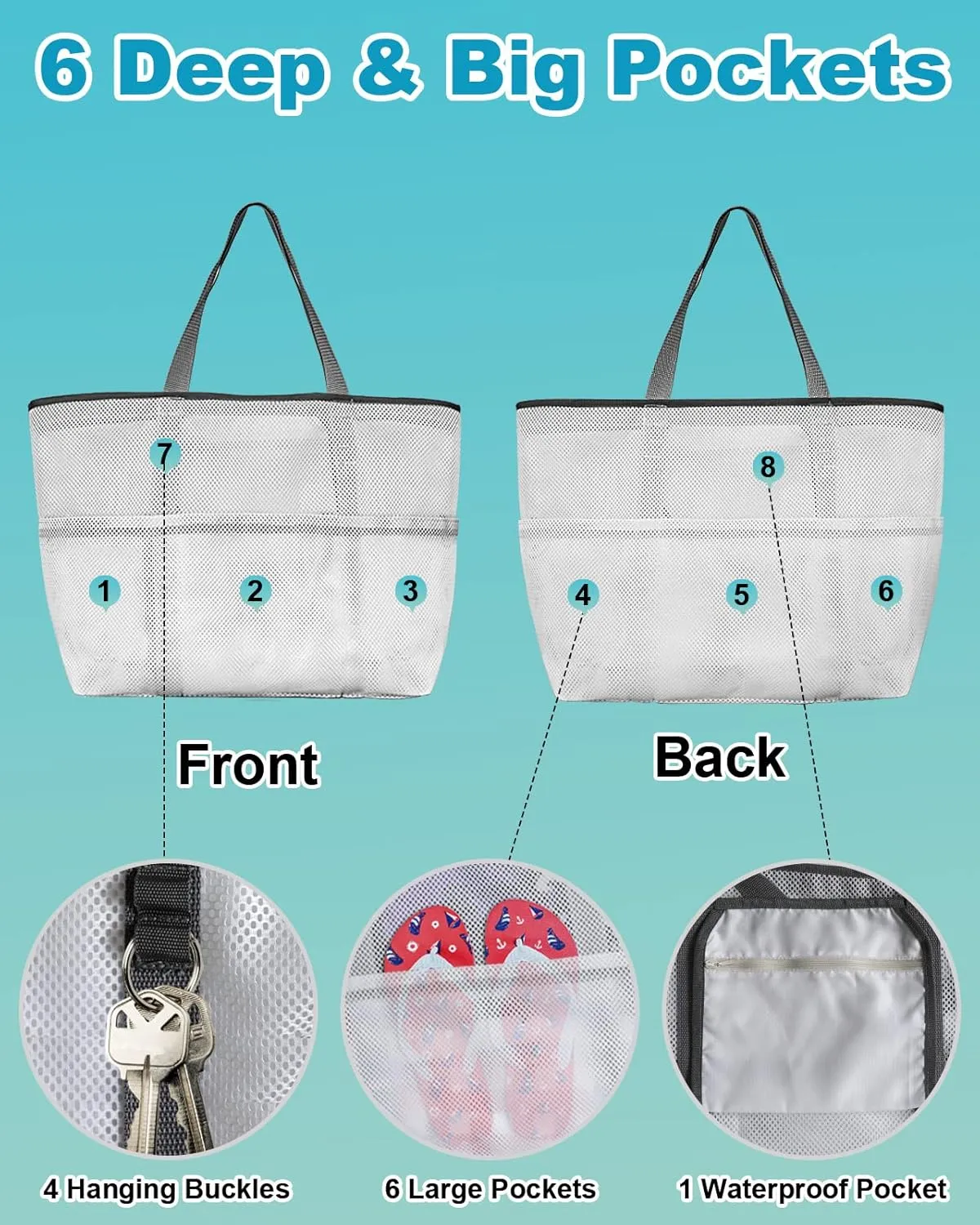 Mesh Beach Bag Oversized Tote Bags for Women Blue Gray Boho Aesthetic Stripes Large Bags for Travel Pool Grocery