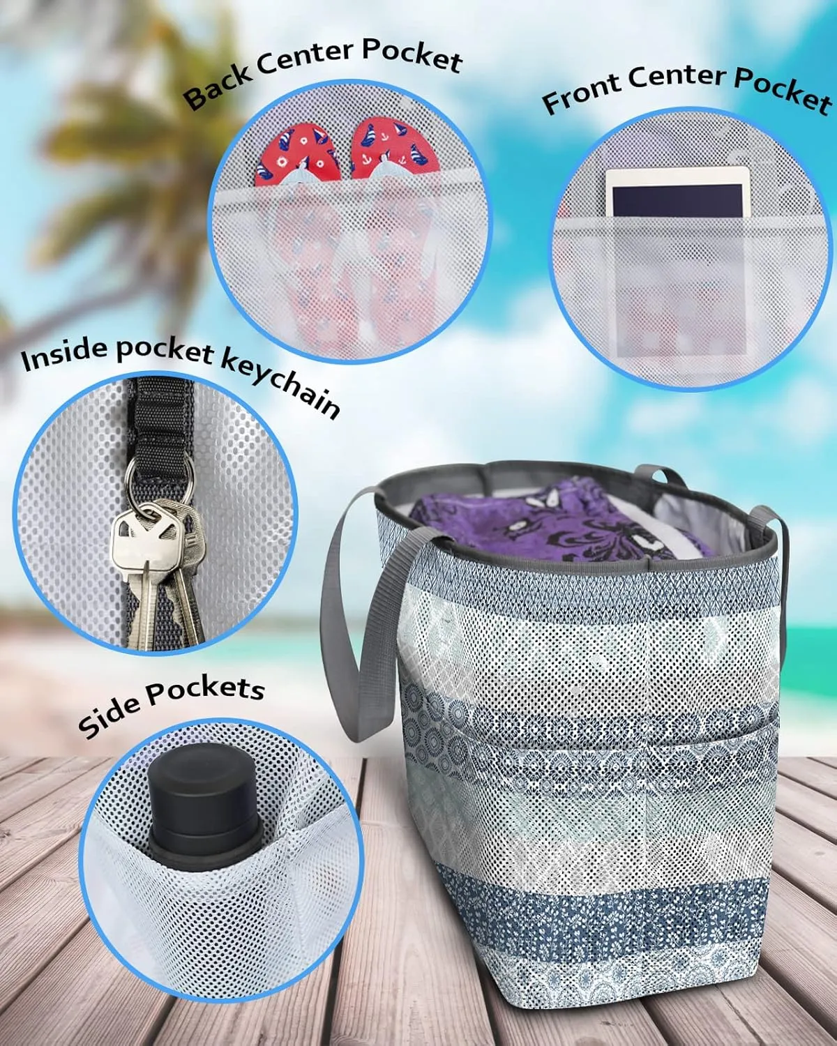 Mesh Beach Bag Oversized Tote Bags for Women Blue Gray Boho Aesthetic Stripes Large Bags for Travel Pool Grocery