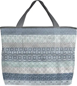 Mesh Beach Bag Oversized Tote Bags for Women Blue Gray Boho Aesthetic Stripes Large Bags for Travel Pool Grocery