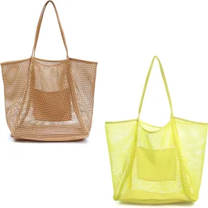 Mesh Beach Tote Womens Shoulder Handbag (Tan, Yellow)