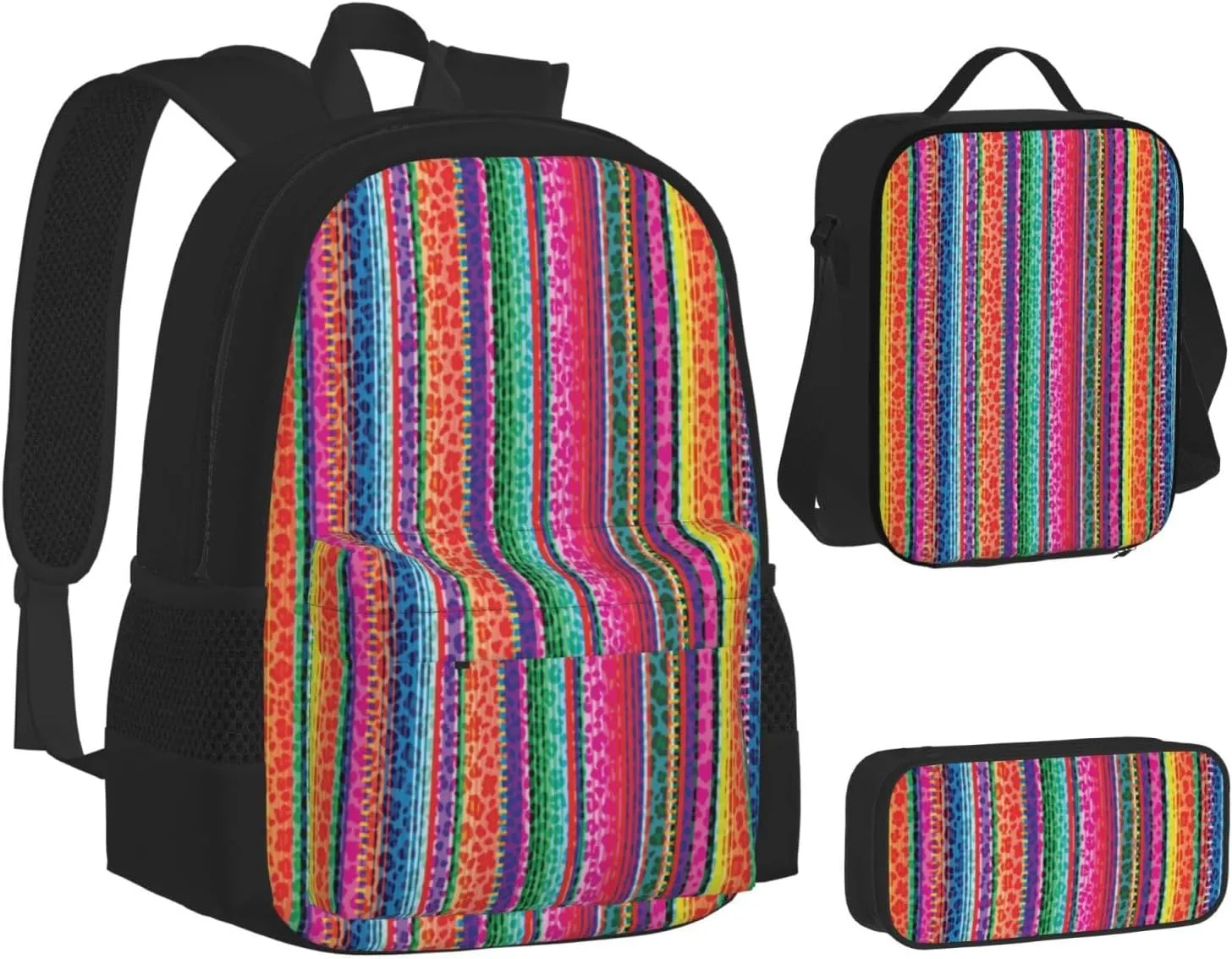 Mexico Serape Leopard Print Multifunctional Pocket Backpack Crossbody Lunch Bag Pencil Case 3Pcs Set Large Capacity Backpack