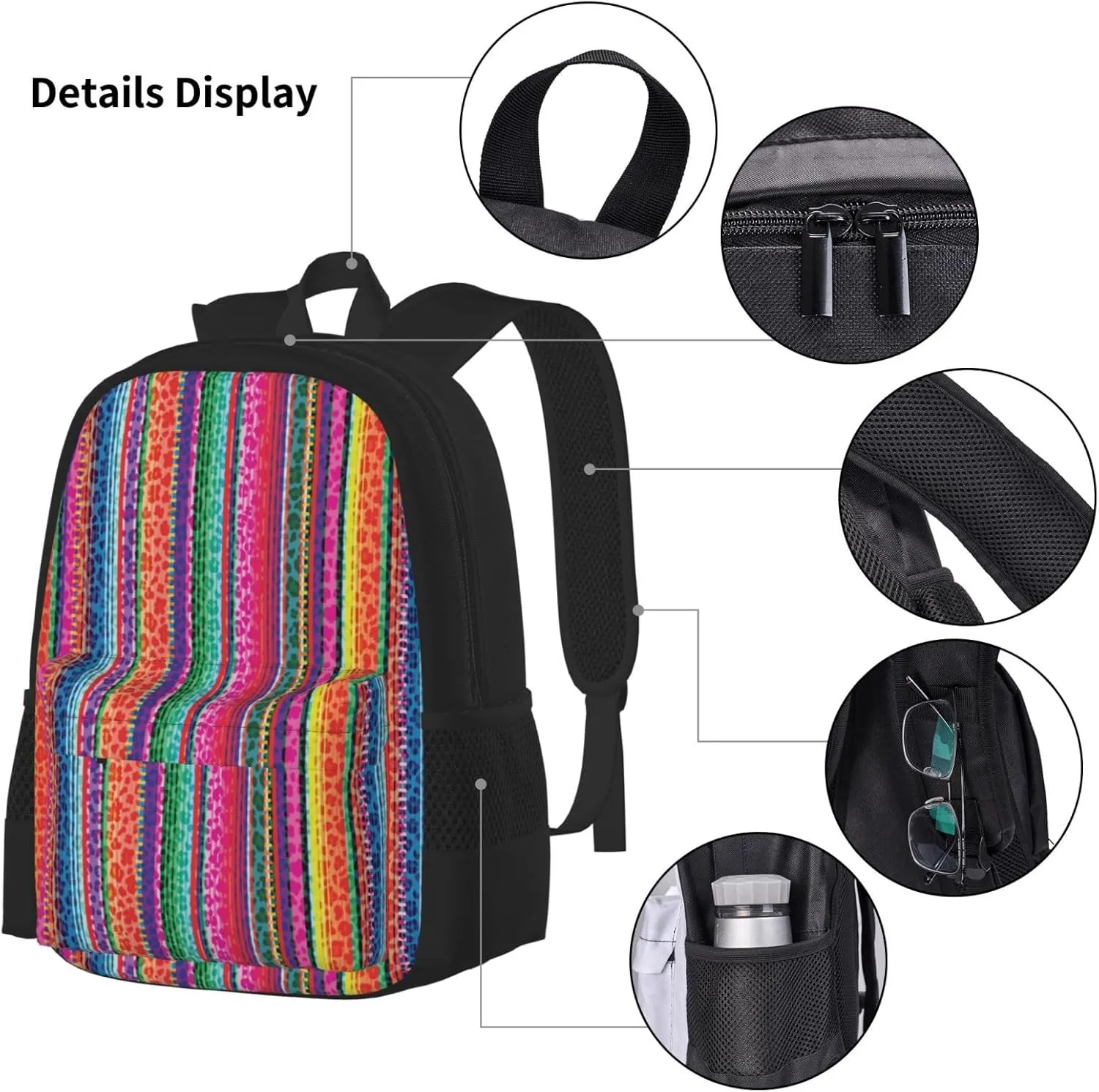 Mexico Serape Leopard Print Multifunctional Pocket Backpack Crossbody Lunch Bag Pencil Case 3Pcs Set Large Capacity Backpack