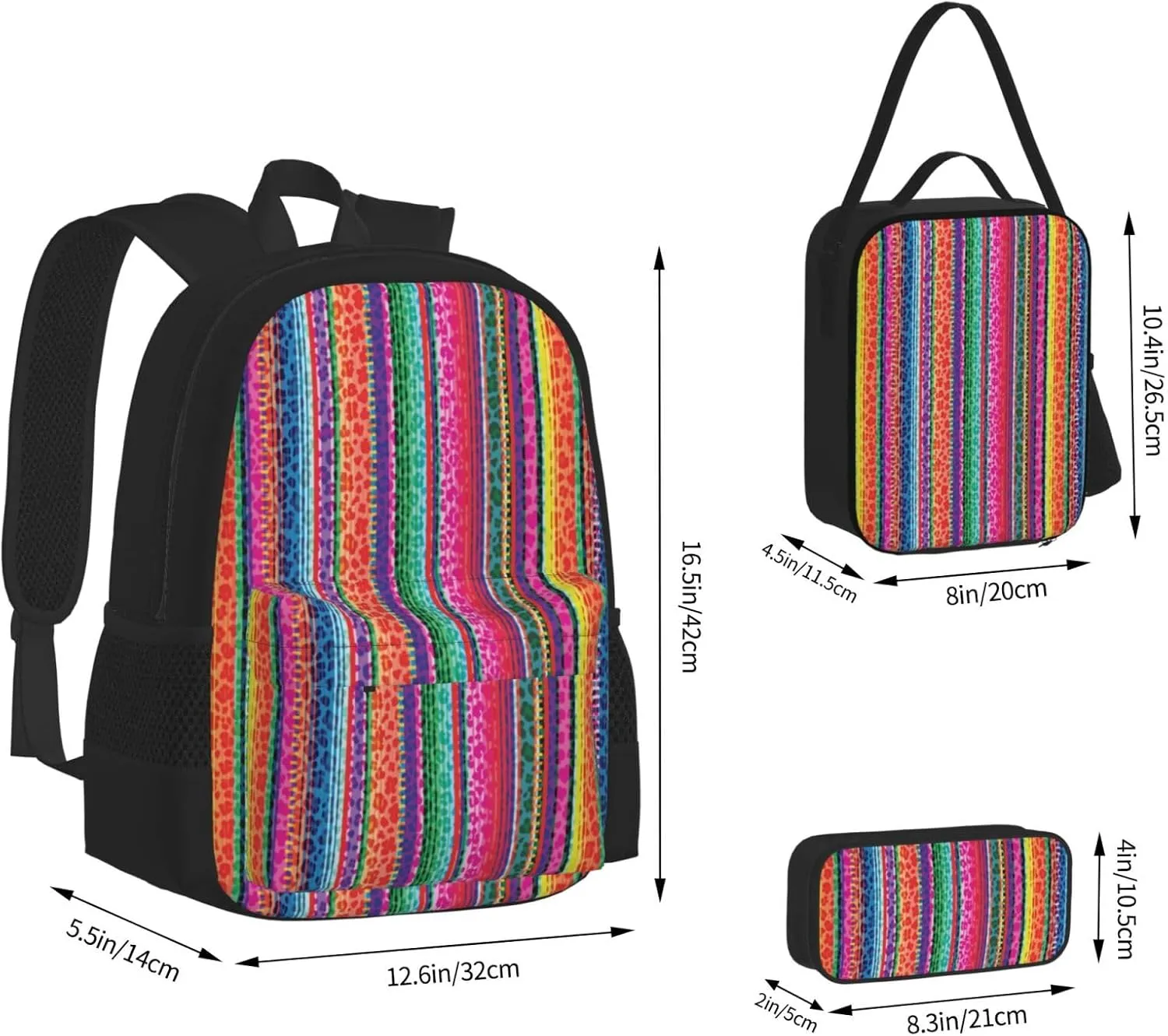 Mexico Serape Leopard Print Multifunctional Pocket Backpack Crossbody Lunch Bag Pencil Case 3Pcs Set Large Capacity Backpack