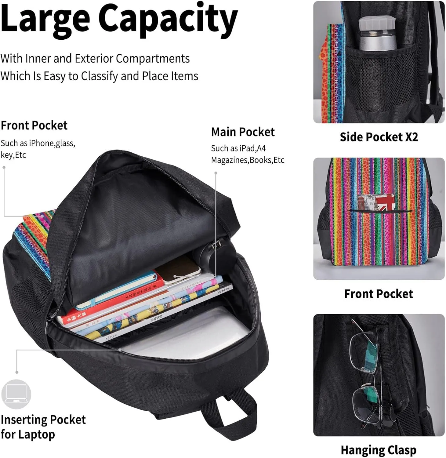 Mexico Serape Leopard Print Multifunctional Pocket Backpack Crossbody Lunch Bag Pencil Case 3Pcs Set Large Capacity Backpack