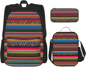 Mexico Serape Leopard Print Multifunctional Pocket Backpack Crossbody Lunch Bag Pencil Case 3Pcs Set Large Capacity Backpack