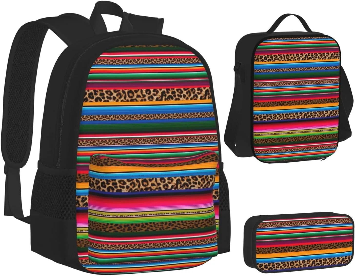 Mexico Serape Leopard Print Multifunctional Pocket Backpack Crossbody Lunch Bag Pencil Case 3Pcs Set Large Capacity Backpack