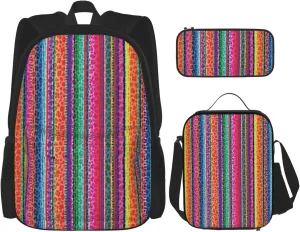 Mexico Serape Leopard Print Multifunctional Pocket Backpack Crossbody Lunch Bag Pencil Case 3Pcs Set Large Capacity Backpack