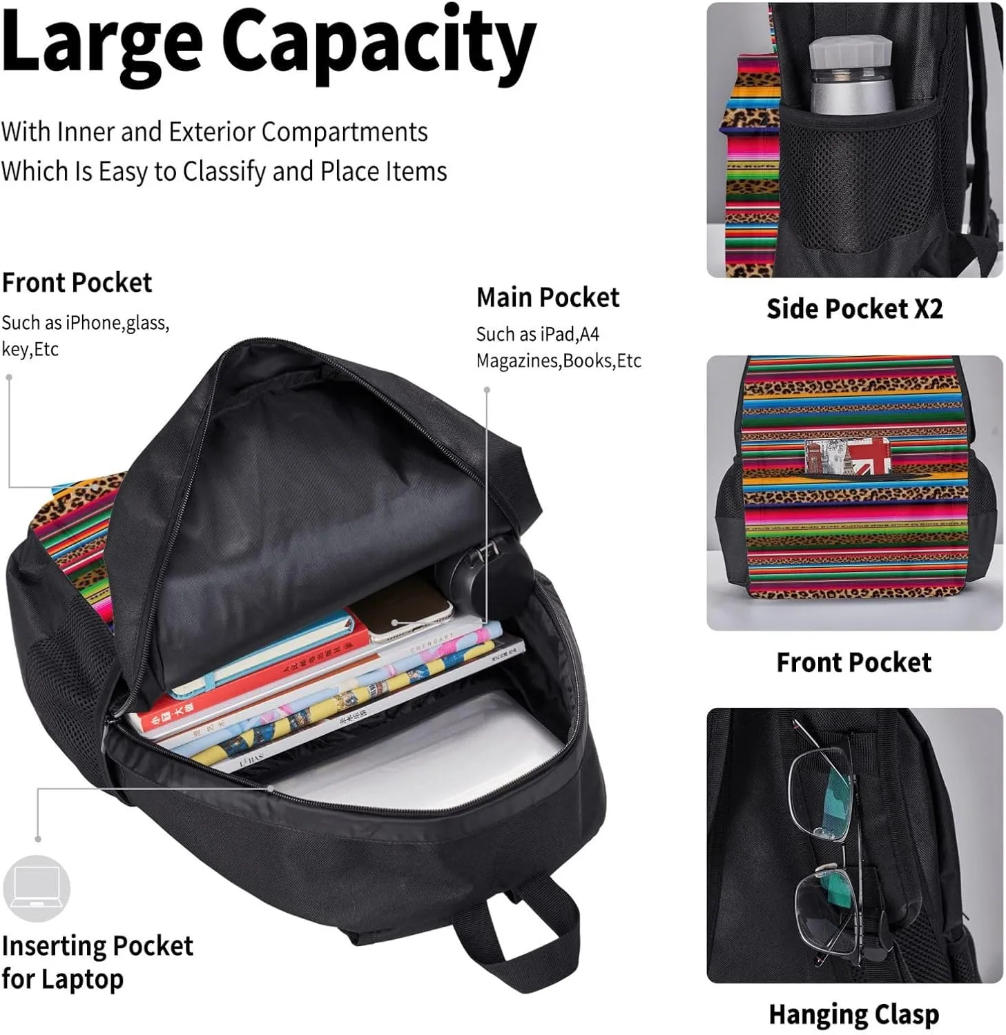 Mexico Serape Leopard Print Multifunctional Pocket Backpack Crossbody Lunch Bag Pencil Case 3Pcs Set Large Capacity Backpack