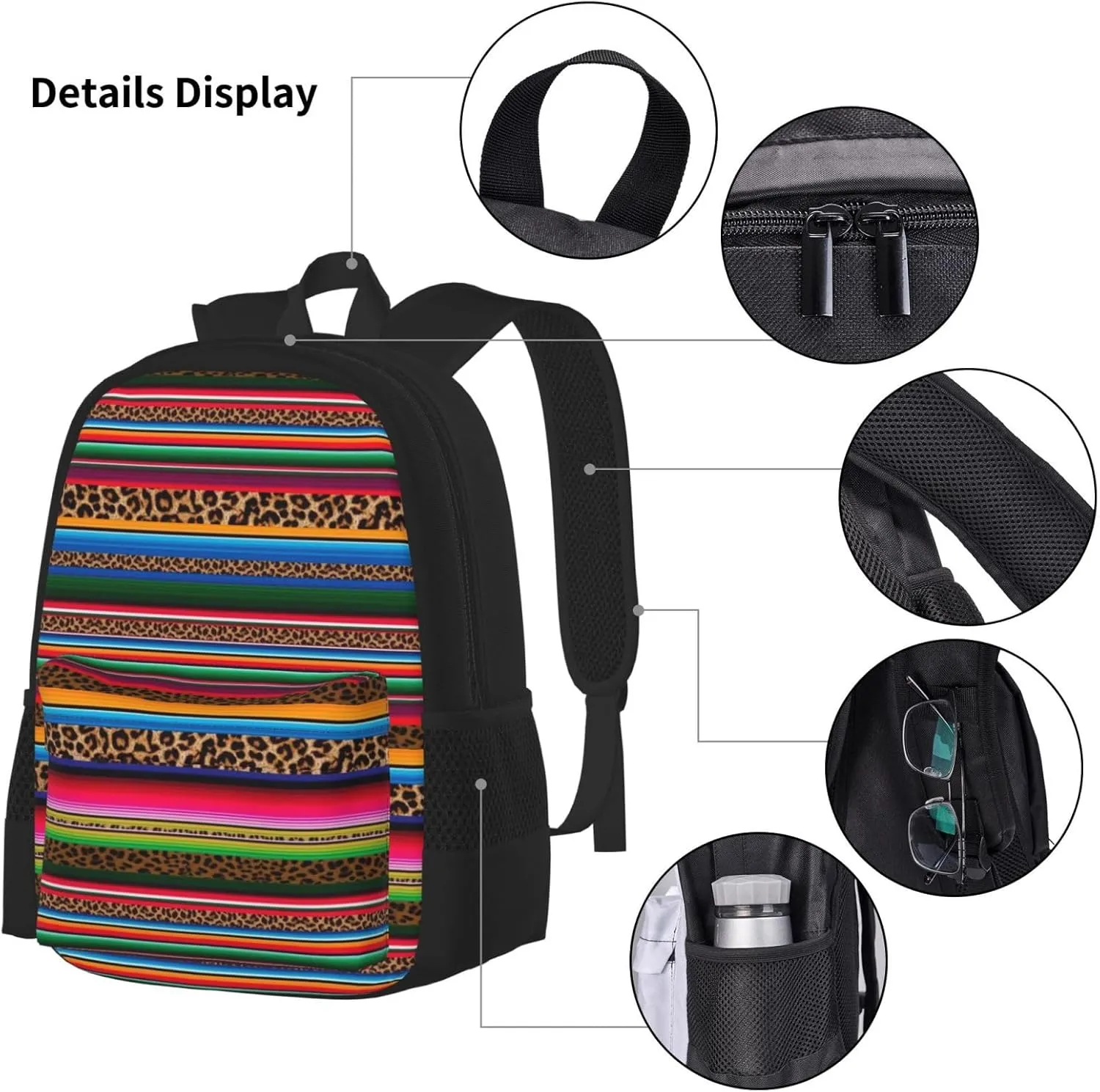 Mexico Serape Leopard Print Multifunctional Pocket Backpack Crossbody Lunch Bag Pencil Case 3Pcs Set Large Capacity Backpack