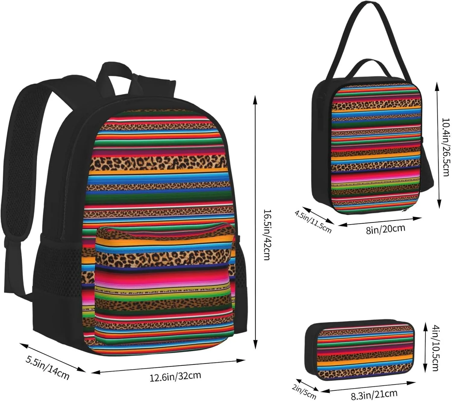 Mexico Serape Leopard Print Multifunctional Pocket Backpack Crossbody Lunch Bag Pencil Case 3Pcs Set Large Capacity Backpack