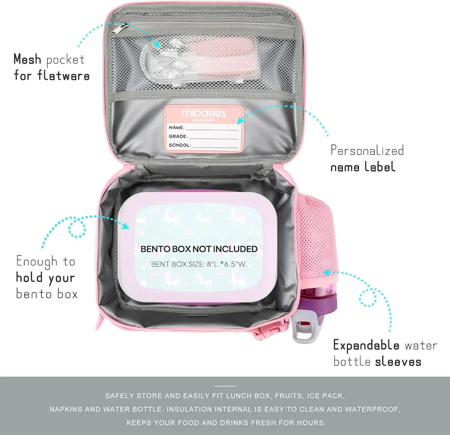 mibasies Girls Lunch Bag for Kids Insulated Lunch Box with Shoulder Strap and Bottle Holder, Glitter Rainbow