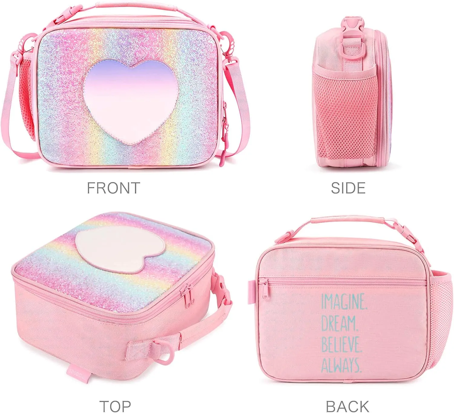 mibasies Girls Lunch Bag for Kids Insulated Lunch Box with Shoulder Strap and Bottle Holder, Glitter Rainbow