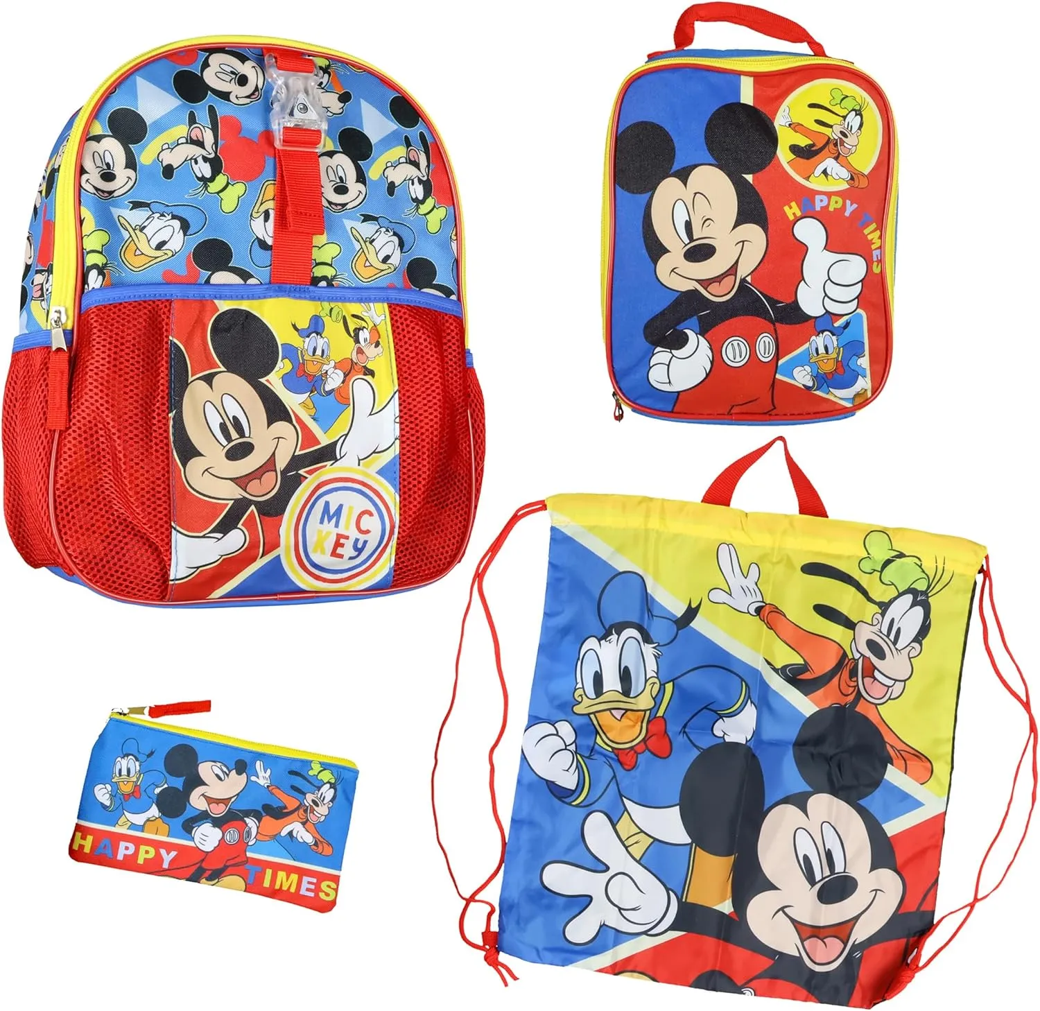 Mickey Mouse Backpack Toddler 14" and Lunch Box Set 4 Pcs, Mickey Backpack Set, Drawstring Bag, Safety Light-Up Buckle