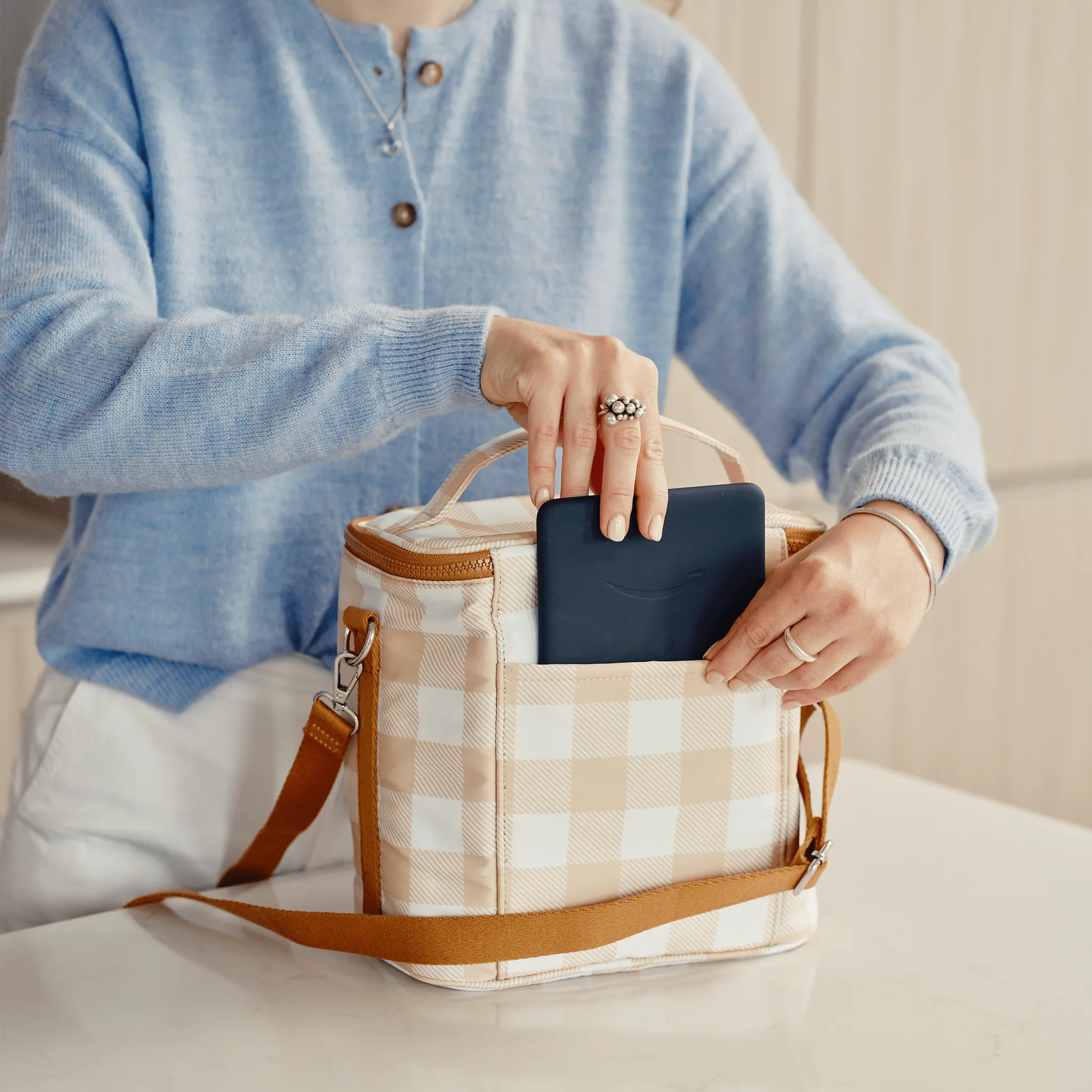 Midi Insulated Lunch Bag/Pumping Bag - Beige Gingham