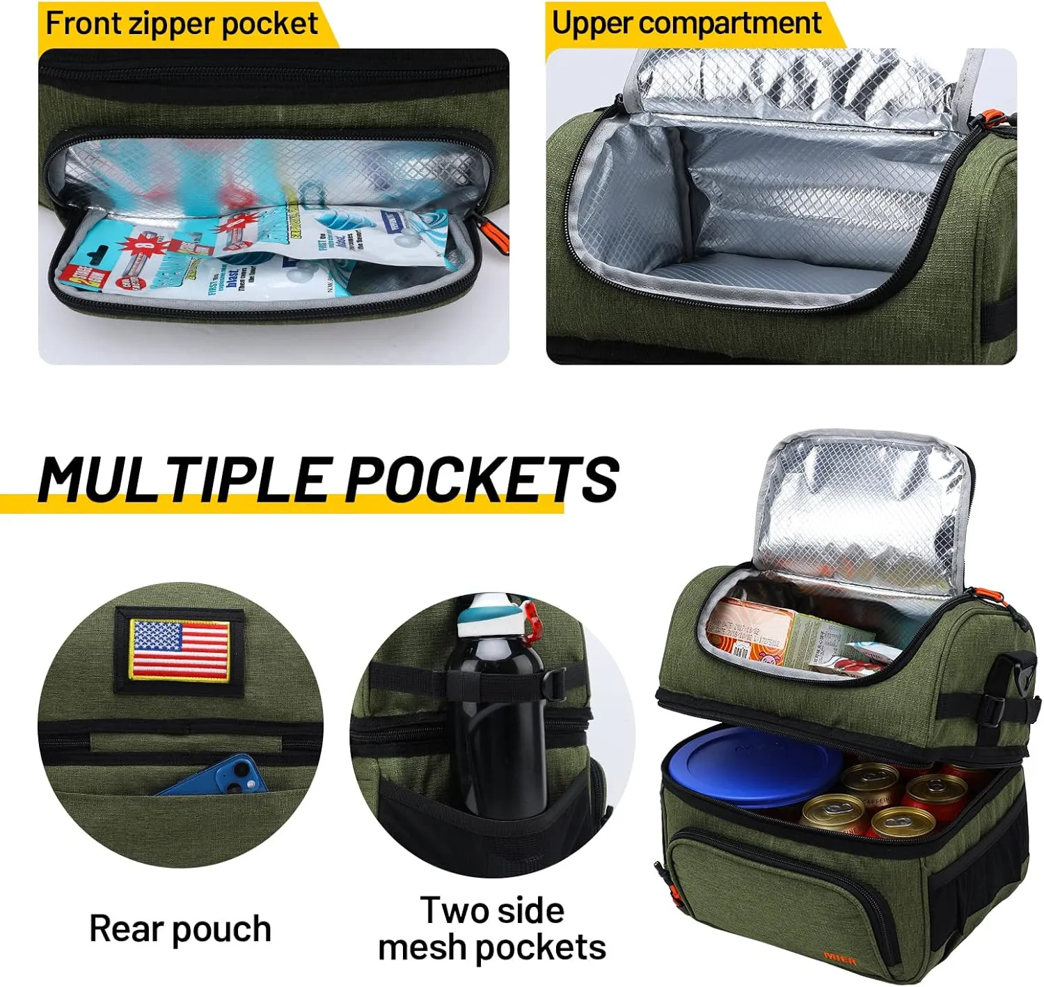 MIER Dual Compartment Lunch Bag Tote with Shoulder Strap for Men and Women Insulated Leakproof Cooler Bag, Army Green