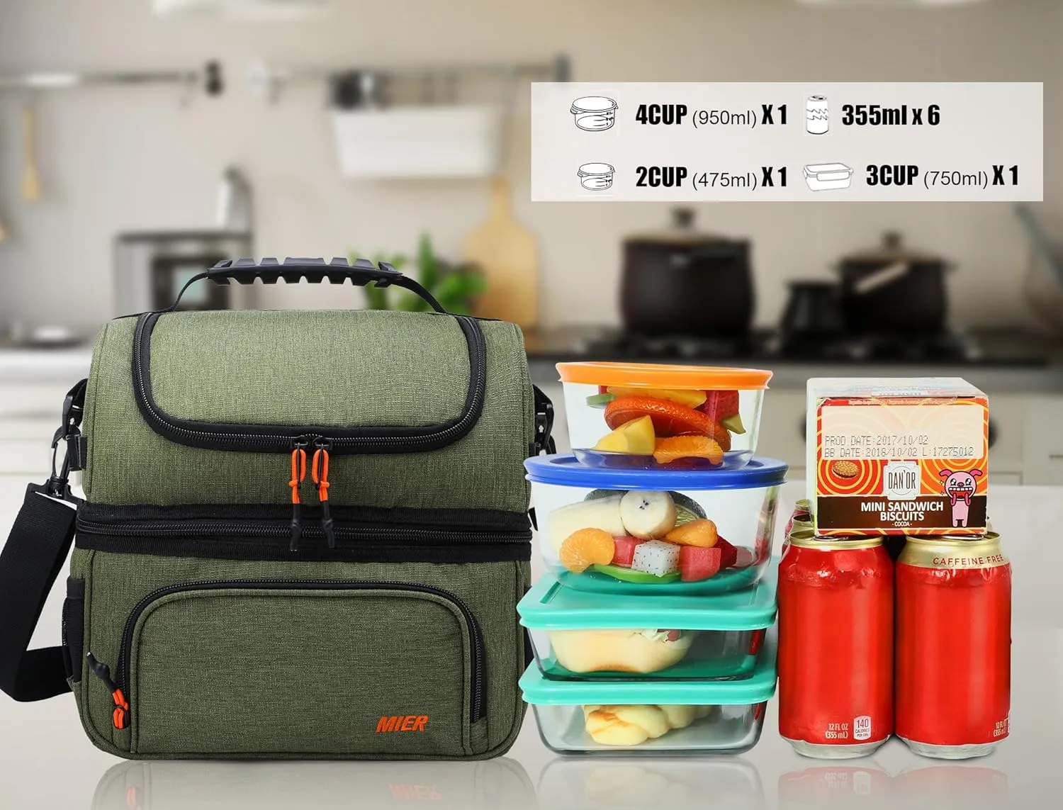 MIER Dual Compartment Lunch Bag Tote with Shoulder Strap for Men and Women Insulated Leakproof Cooler Bag, Army Green