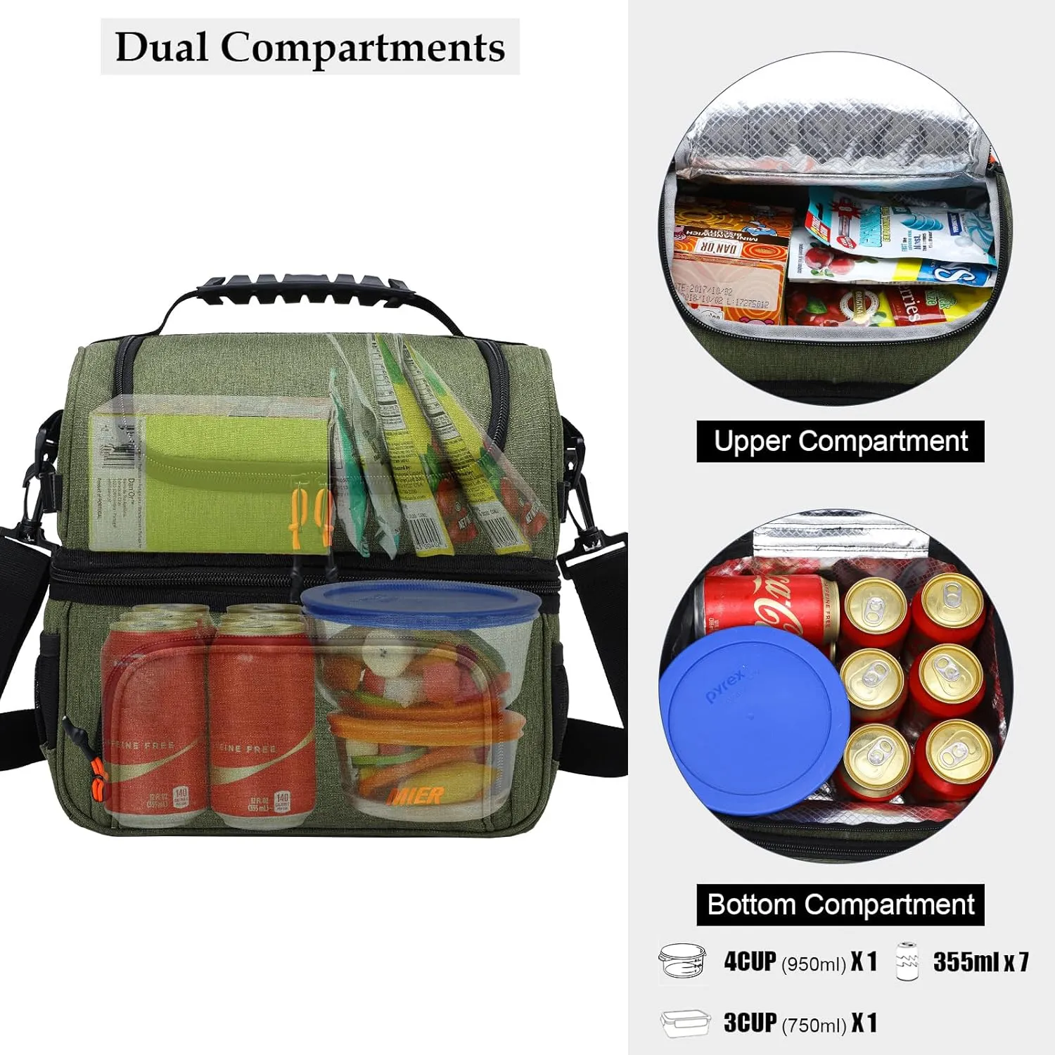 MIER Dual Compartment Lunch Bag Tote with Shoulder Strap for Men and Women Insulated Leakproof Cooler Bag, Army Green