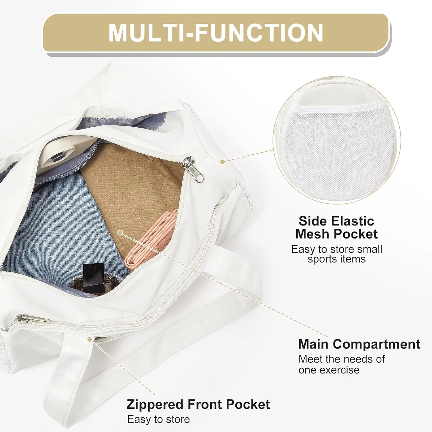Mini Duffle Bag 13.78” Small Gym Bag, Lightweight Carry On Weekender Overnight Bag for Women Travel, Sport, Easy Daily Outings, 13.78"x6.7"x6.7", Beige