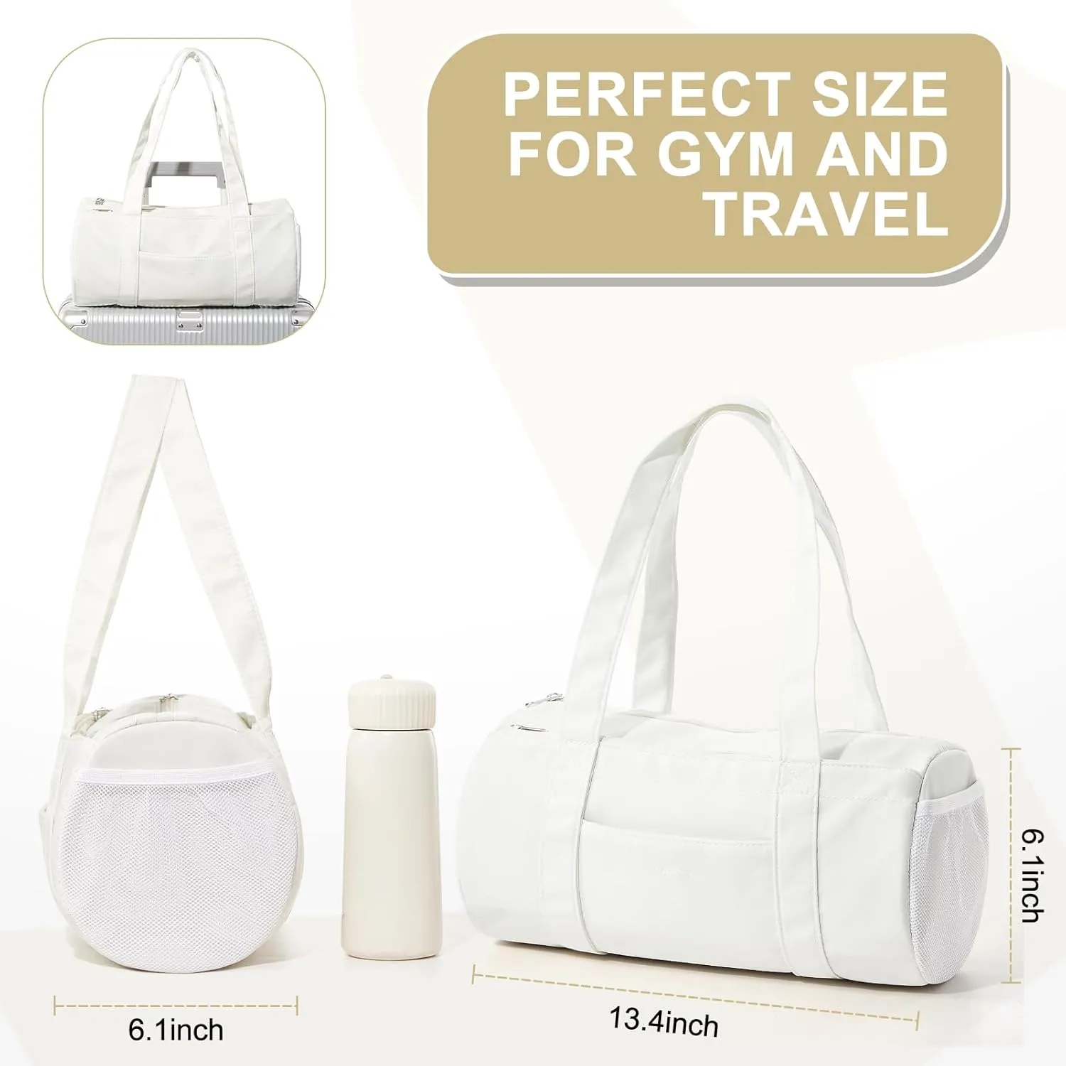 Mini Duffle Bag 13.78” Small Gym Bag, Lightweight Carry On Weekender Overnight Bag for Women Travel, Sport, Easy Daily Outings, 13.78"x6.7"x6.7", Beige