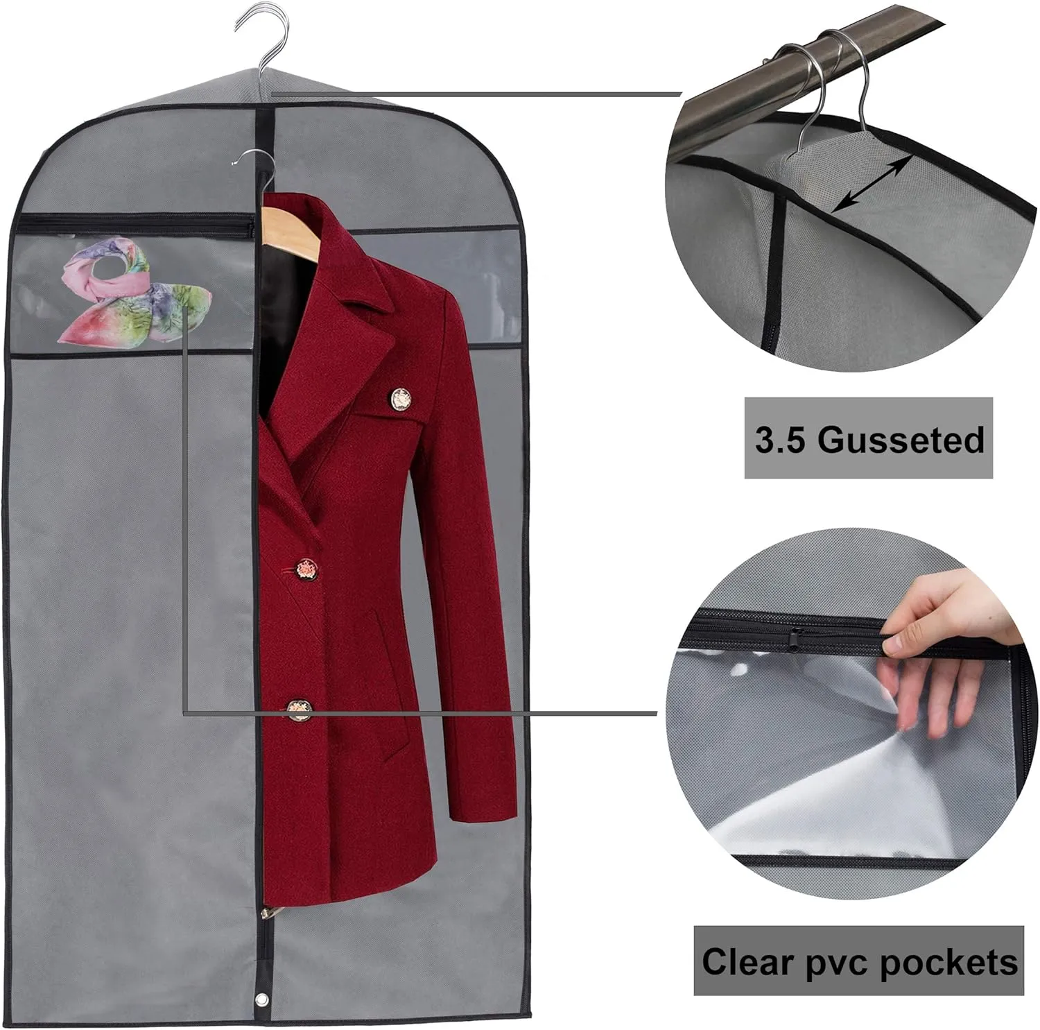 MISSLO 43" Gusseted Travel Garment Bag with Accessories Zipper Pocket Hanging Garment Bags for Closet Storage Suit Garment Cover for Shirts Jackets Coats Dance Costume, Grey
