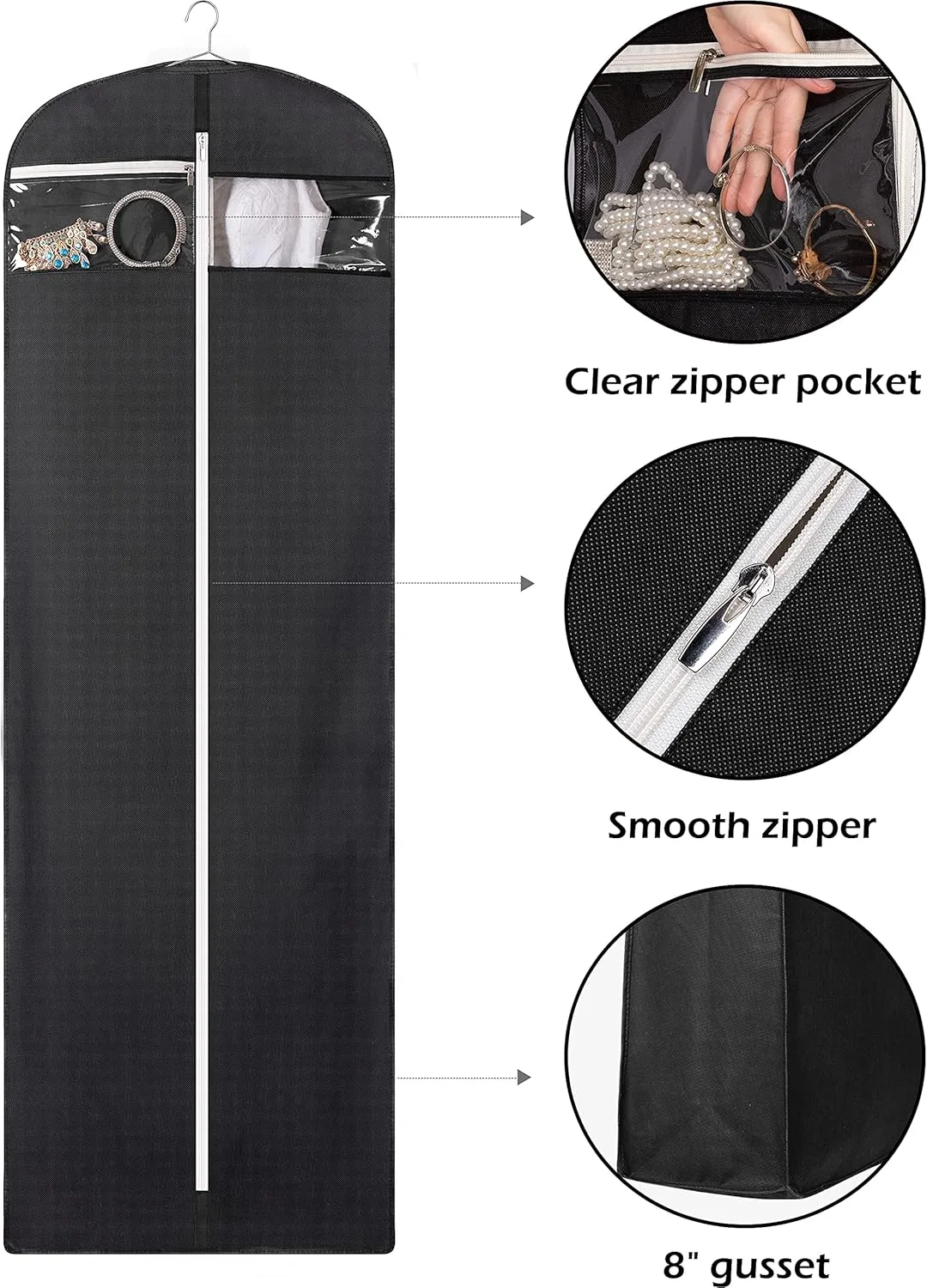 MISSLO 70" Bridal Wedding Gown Dress Garment Bag with Accessories Pouch Large Travel Garment Cover 8" Gusset (Black), 1 Pack